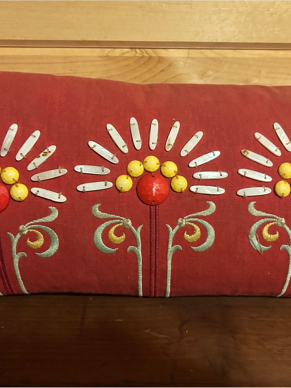 Embroidered Red Decorative Pillow with Yellow & White Bead Accents